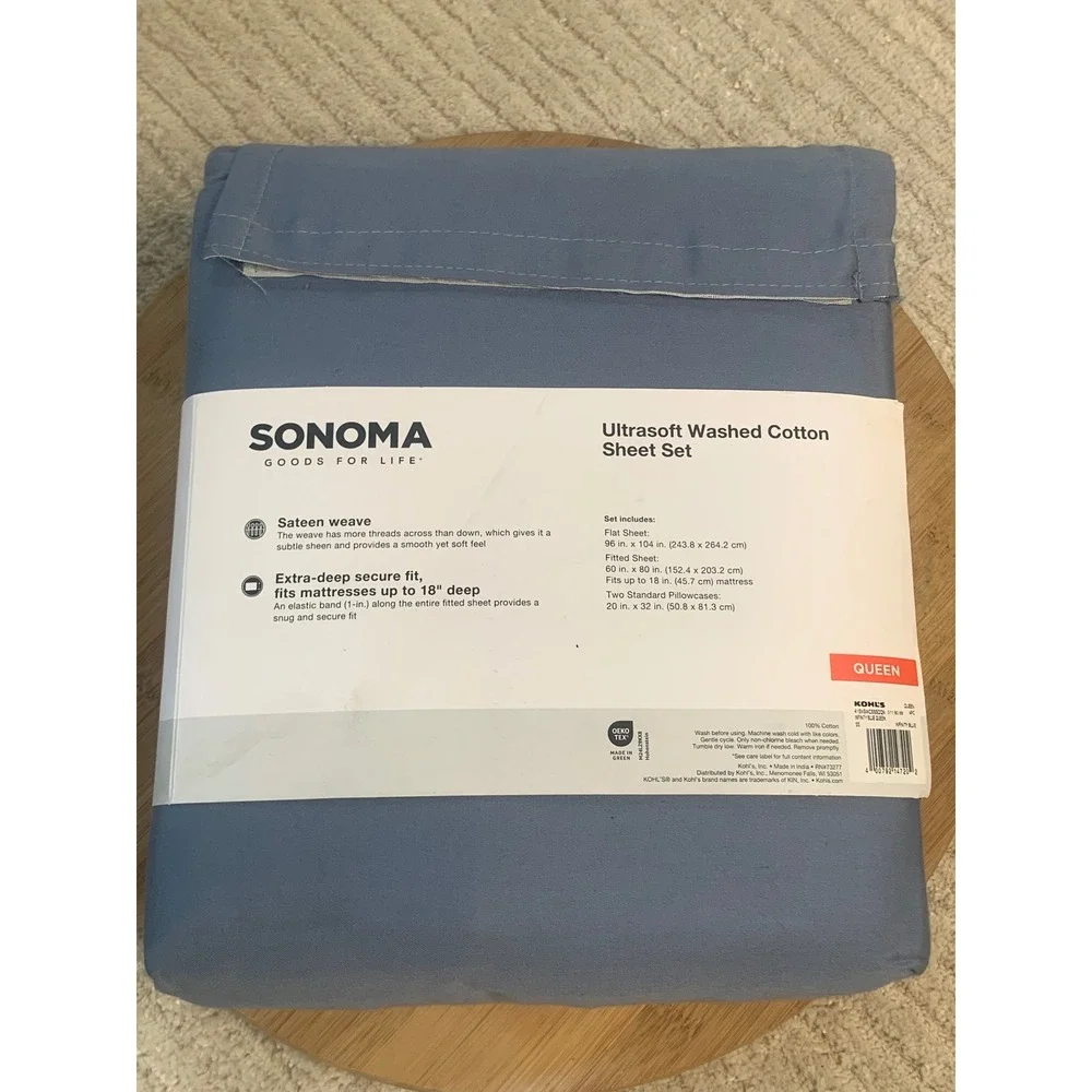 Sonoma Goods For Life Queen Ultrasoft Washed Cotton Sheet Set Infinity Blue 4pc
